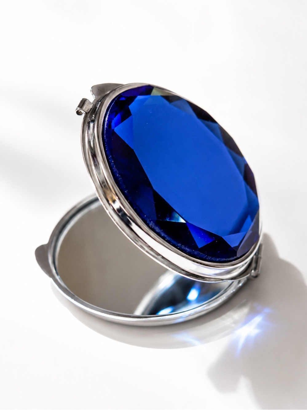 NEW - Blue Crystal Gem Folding Compact Mirror - Dual Sided Magnification 1X/2X